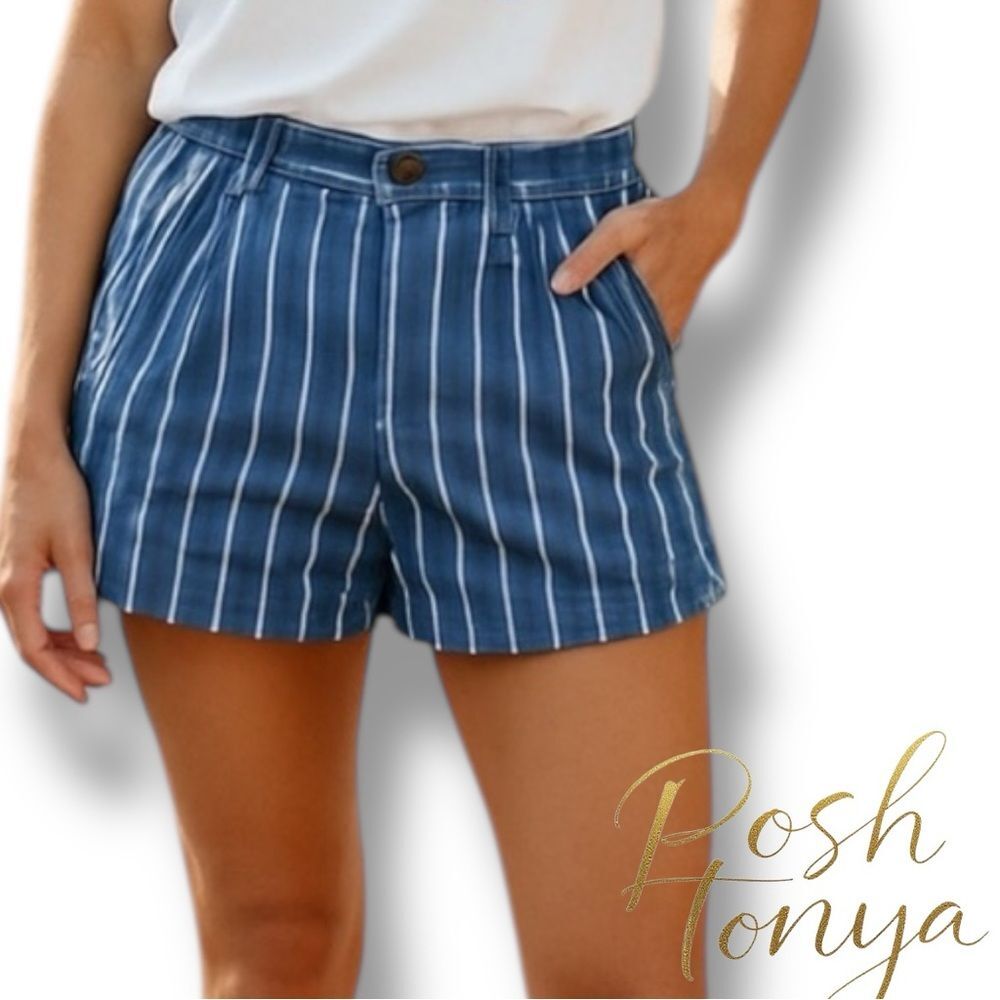 American Eagle High Waist Striped Pleated Cotton Shorts Blue Womens Sz 6 Cuffed
